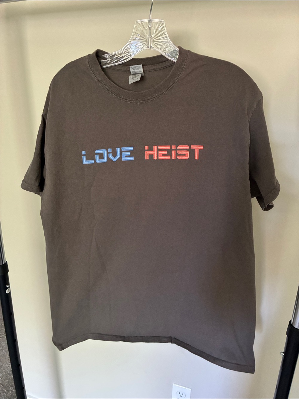 Custom graphics Gildan Brown T-Shirt with Blue and Red "LOVE HEIST" Print